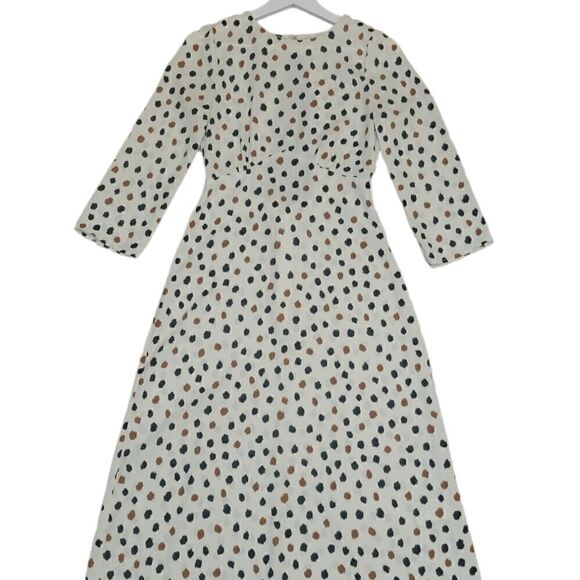 H&M Cleft Open Back Polka Dot White Black and Brown Open Back Midi Dress 4 - Picture 6 of 13